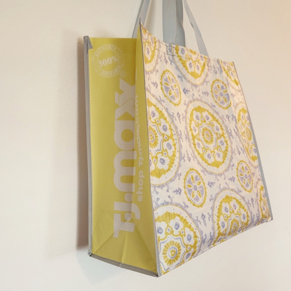 T.J. TJMaxx Shopping Gift Bag Yellow Blue Boho Bohemian Reusable Tote New - Picture 3 of 3